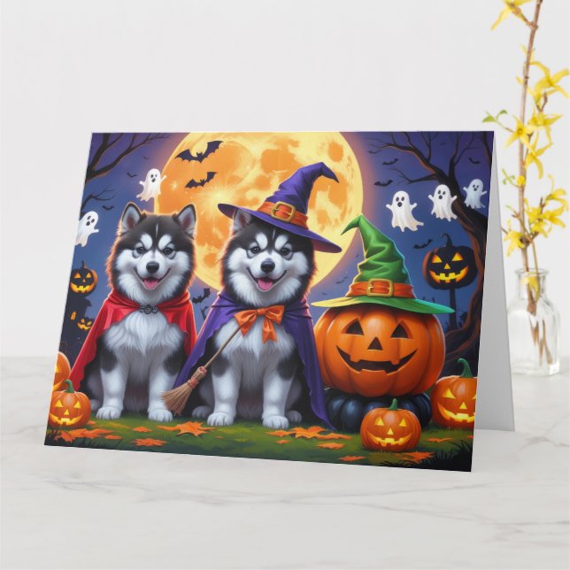 Tarjeta Alaskan Malamute Perros Calabaza Halloween Funny (flor amarilla)