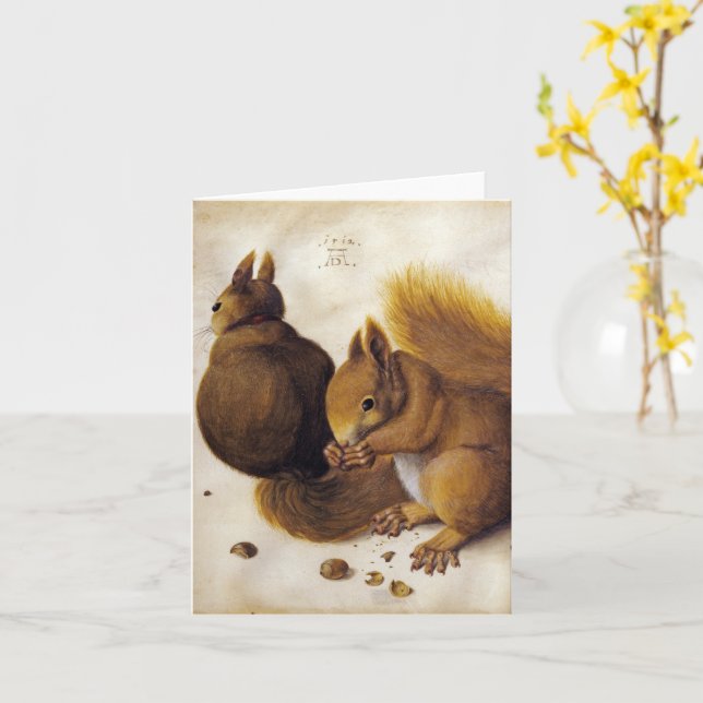 Tarjeta Albrecht Dürer, Dos ardillas _ Bella Artes (flor amarilla)