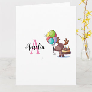 Tarjeta Alce con globo y pastel Monograma Nombre Rosa