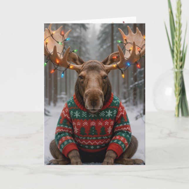 Tarjeta Alce de Navidad con un suéter feo (Anverso)
