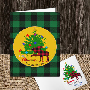 Tarjeta Alce rústico, árbol de Navidad, apellido, cuadros