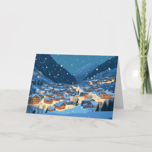 Tarjeta Aldea cubierta de nieve con luces (Anverso)