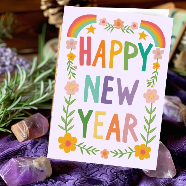 Tarjeta Alegre Caprichoso FELIZ AÑO NUEVO Letra a mano (Cheerful Whimsical HAPPY NEW YEAR Rainbow Boho Floral Handlettering Greeting Card
)
