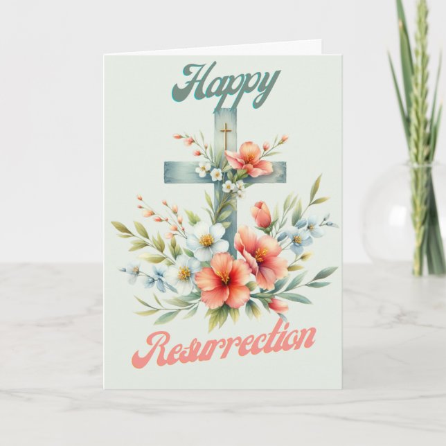 Tarjeta Alegre cruz de Pascua con flores de primavera (Anverso)