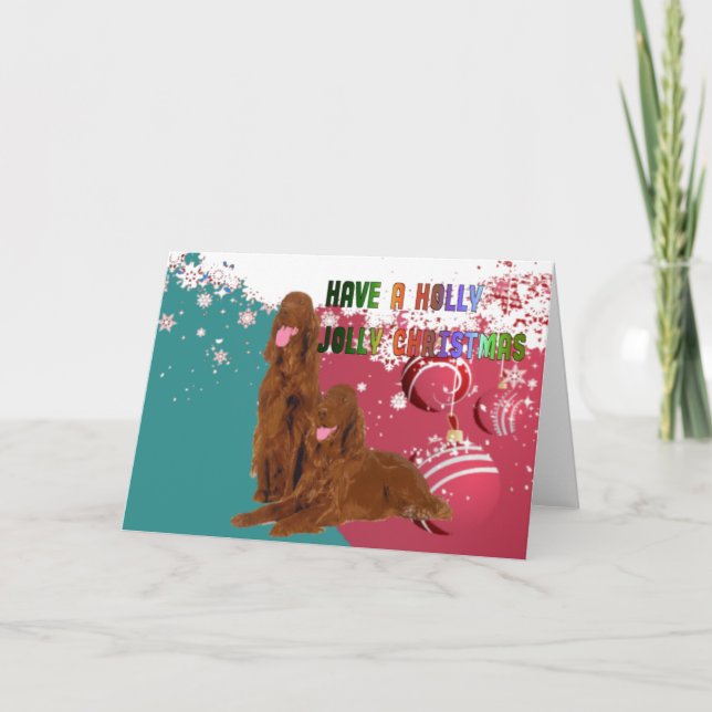 Tarjeta alegre de Irish Setter del acebo (Anverso)