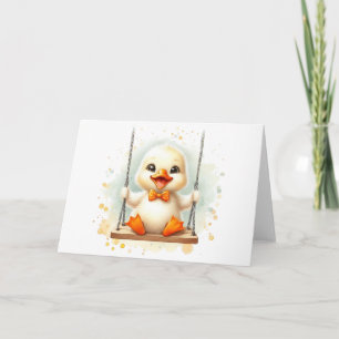 Tarjeta Alegre duckling sobre una flor acuática en blanco