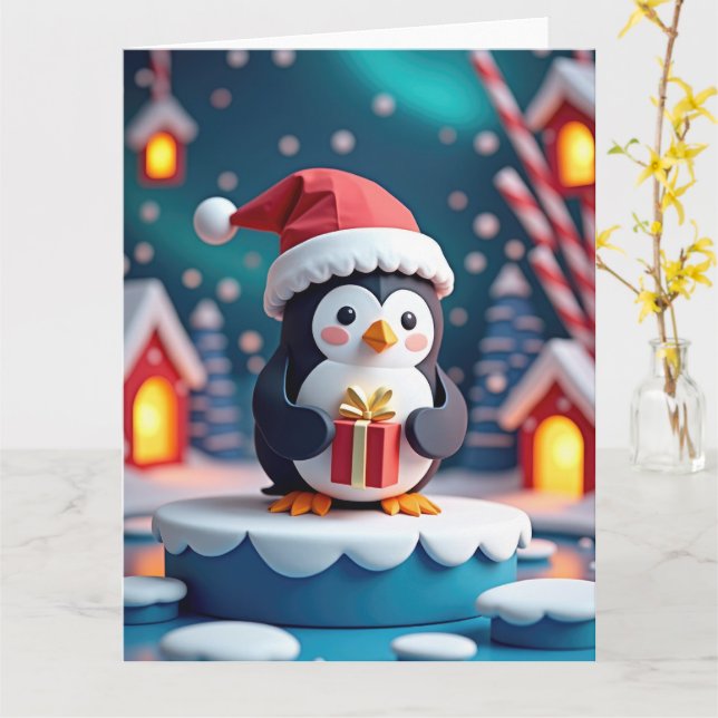 Tarjeta Alegre pingüino con regalo en Navidades nevados (flor amarilla)