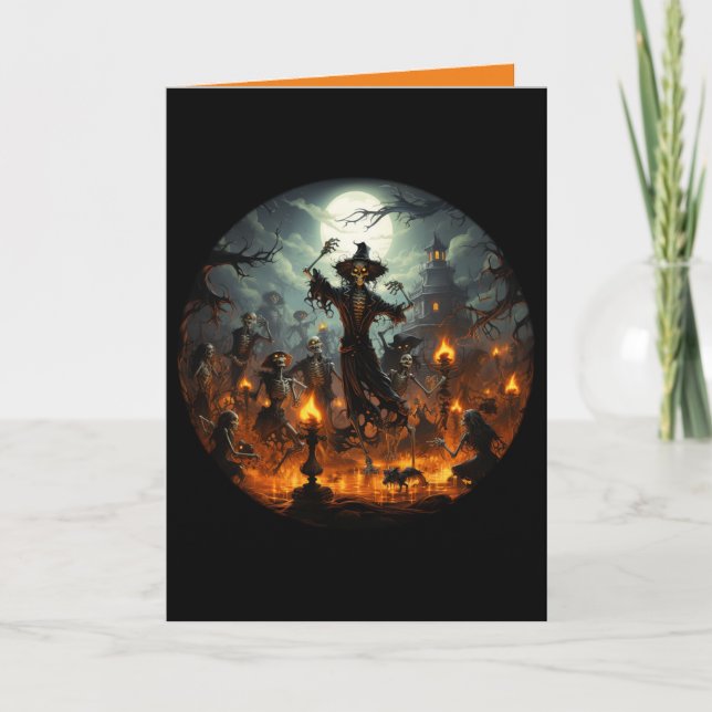 Tarjeta Alegre Skeleton Wites el Fiesta Halloween (Anverso)