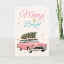 Alegre y Brillante Coche Retro Rosa Navidad Vintag