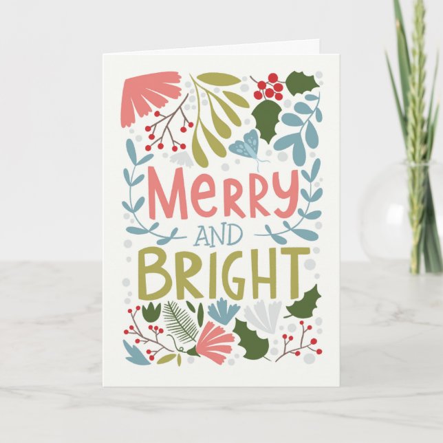 Tarjeta Alegre y brillante con botánicos de Navidad (Anverso)