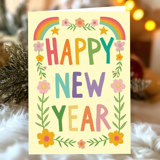 Tarjeta Alegre y fascinante manejo de AÑO NUEVO (Cheerful Whimsical Rainbow HAPPY NEW YEAR Handlettering Card
)