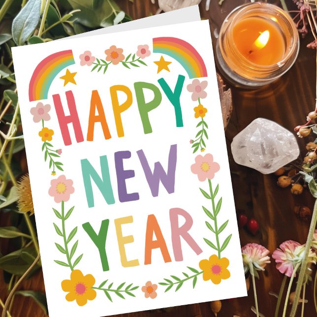 Tarjeta Alegre y fascinante manejo de AÑO NUEVO (Cheerful Whimsical HAPPY NEW YEAR Rainbow Flowers Boho Handlettering Card
)