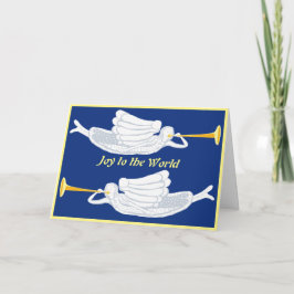 Tarjeta Alegría al mundo ángeles de Navidad con trompetas