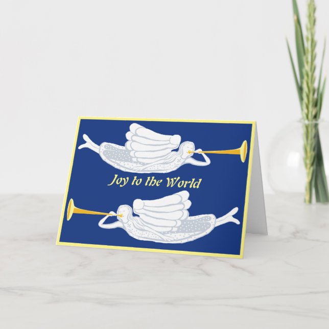 Tarjeta Alegría al mundo ángeles de Navidad con trompetas (Anverso)