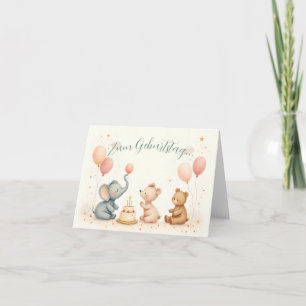 Tarjeta Alegría animal de cumpleaños con globos