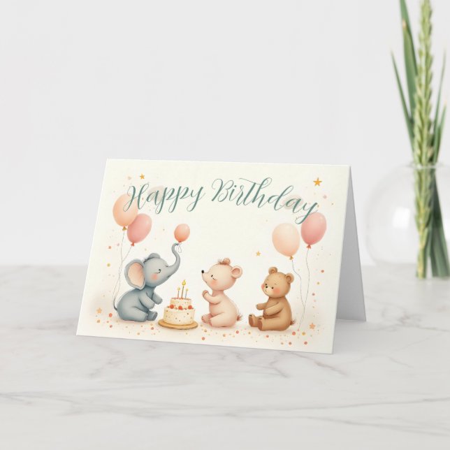 Tarjeta Alegría de cumpleaños animal con globos (Anverso)