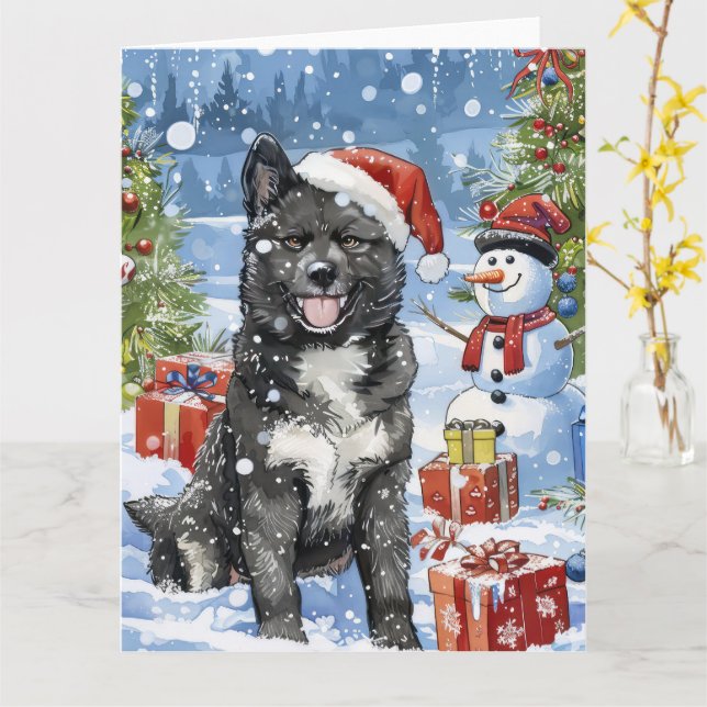 Tarjeta Alegría de los Navidades de invierno de Akita Dog  (flor amarilla)