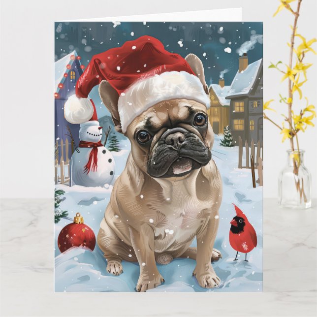 Tarjeta Alegría de los Navidades de invierno de Bulldog fr (flor amarilla)