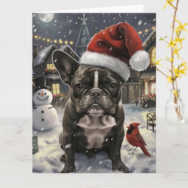 Tarjeta Alegría de los Navidades de invierno de Bulldog fr (flor amarilla)