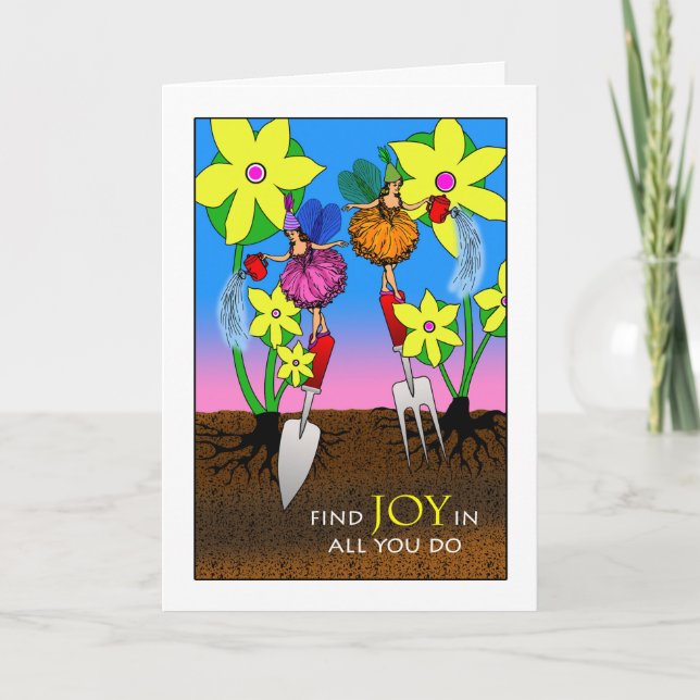 Tarjeta Alegría del cumpleaños del jardín, hadas de riego (Anverso)