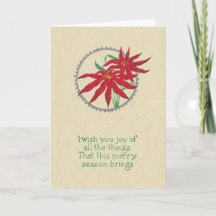 Tarjeta Alegría Feliz Poinsettia Grabado en Madera Japonés