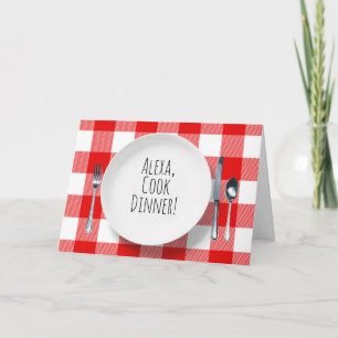 Tarjeta Alexa Command on white plate on plaid birthday