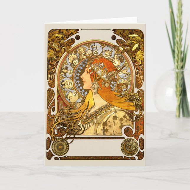 Tarjeta Alfonse Mucha Zodiac Art Nouveau Mujer (Anverso)