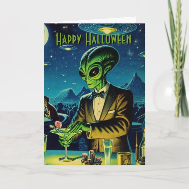 Tarjeta Alien Bartender sirve tu bebida en Halloween (Anverso)