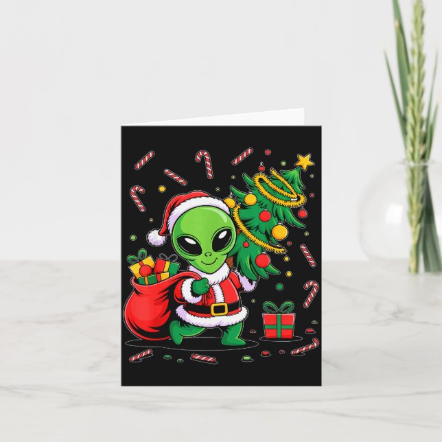 Tarjeta Alien Christmas Tree Lights Xmas Funny Alien  (Anverso)