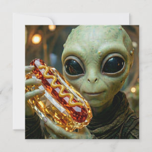 Tarjeta  Alien divertido sosteniendo un hotdog cristalino 