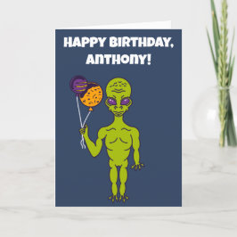 Tarjeta Alien espacial con globos planetarios Feliz cumple