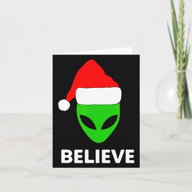 Tarjeta Alien Green Face Christmas Santa Hat Believe  (Anverso)