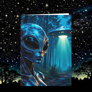 Tarjeta Alien Metallic Futuristic Forest Scene Cumpleaños