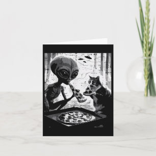 Tarjeta Alienados Y Gatos Comer Pizza Graciosa Comida Para