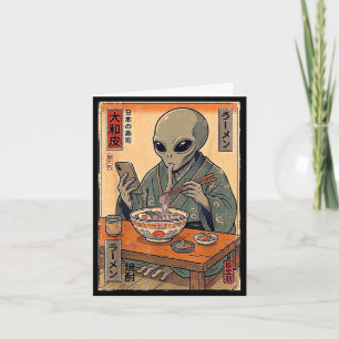 Tarjeta Alienígena divertido comiendo ramen retro japonés