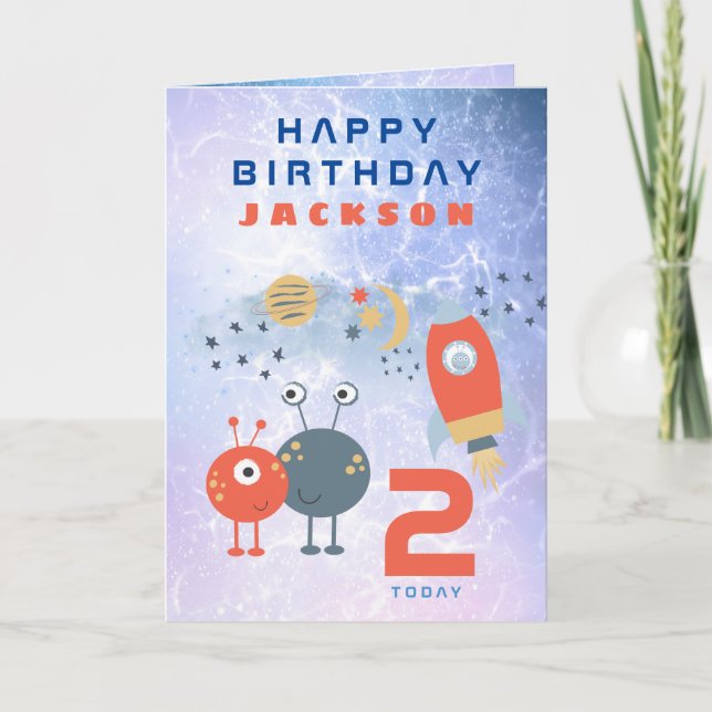 Tarjeta Aliens Spaceship Age 2 Birday Space Lilac (Anverso)