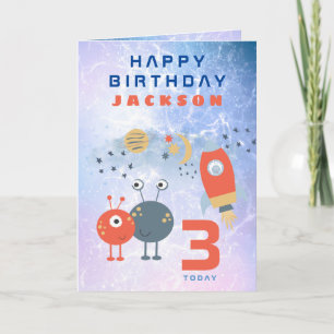 Tarjeta Aliens Spaceship Age 3 Birday Space Lilac
