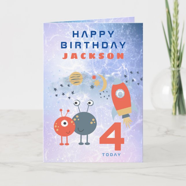 Tarjeta Aliens Spaceship Age 4 Birday Space Lilac (Anverso)