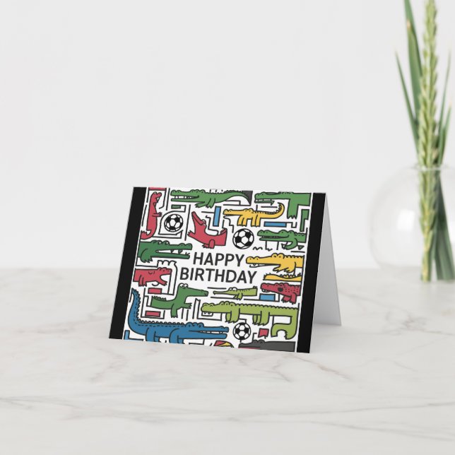 Tarjeta Aliligadores divertidos que juegan al fútbol cumpl (Anverso)