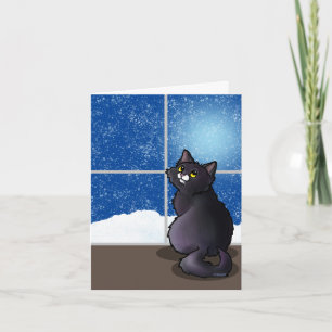 Tarjeta Almohada decorativa de ventana nevada con gato neg