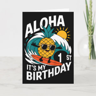 Tarjeta Aloha 1er Cumpleaños Hawái Piña Surf Tropic