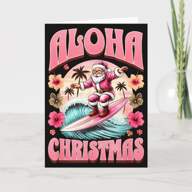 Tarjeta Aloha Christmas Santa Claus Surfing Hawaiian Mele  (Anverso)