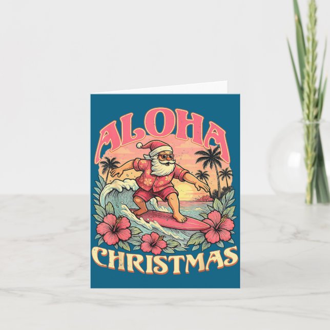 Tarjeta Aloha Christmas Santa Claus Surfing Hawaiian Mele  (Anverso)