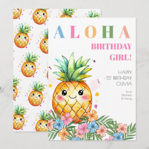 Tarjeta Aloha Rosa Piña Tropical Feliz 1er Cumpleaños