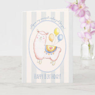 Tarjeta Alpaca acuarela con globo cumpleaños azul claro