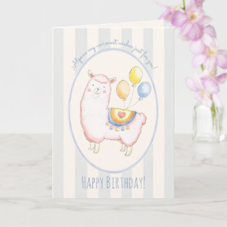 Tarjeta Alpaca acuarela con globo cumpleaños azul claro