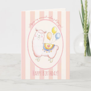 Tarjeta Alpaca acuarela con globo Cumpleaños rosa suave