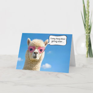 Tarjeta Alpaca de cumpleaños con gafas envejeciendo