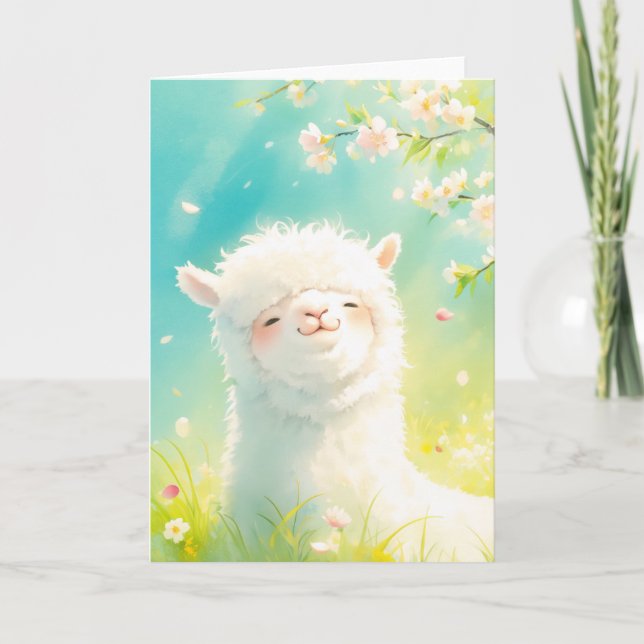 Tarjeta Alpaca Disfrutando de las Flores en Flor (Anverso)