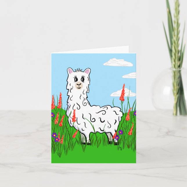 Tarjeta Alpaca en un campo de Lupine (Anverso)